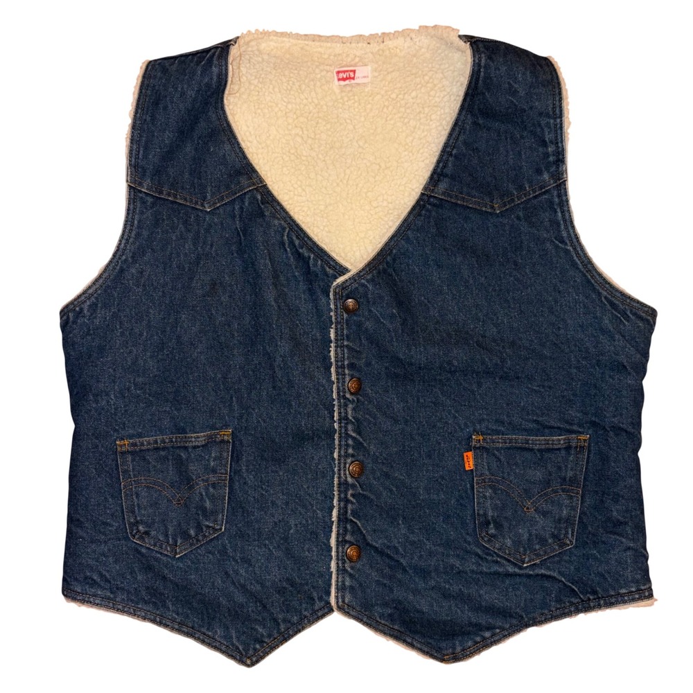 Vintage 70s Levis Denim Sherpa Lined Vest XL Dark Wash Orange Tab Made in USA